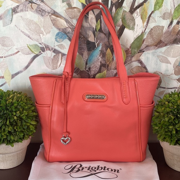 BRIGHTON “PAULINA” CORAL MELON 💯% GENUINE PEBBLED LEATHER SHOULDER TOTE BAG EUC - Picture 7 of 17